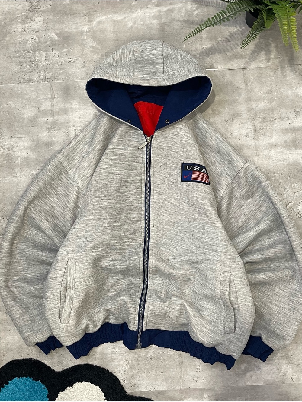 Vintage Nike USA Reversible Puffer Jacket Hoodie Red Navy Grey Mens XL